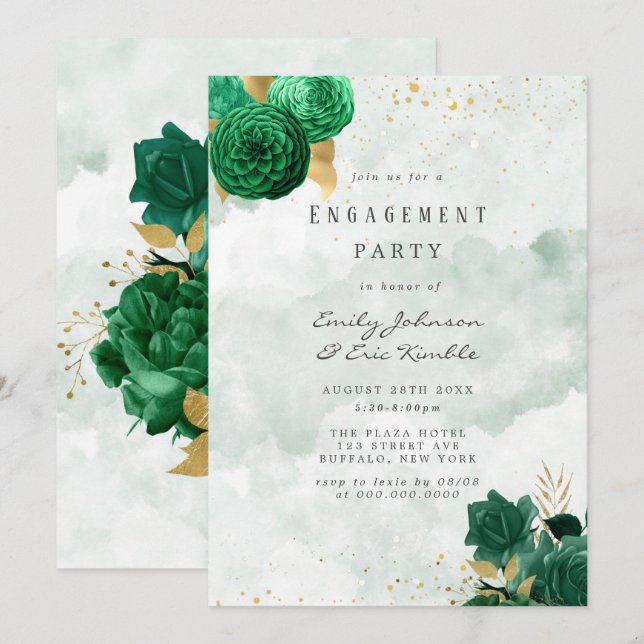 Invitation Emerald Green Peony et Gold Engagement Party (Devant / Derrière)
