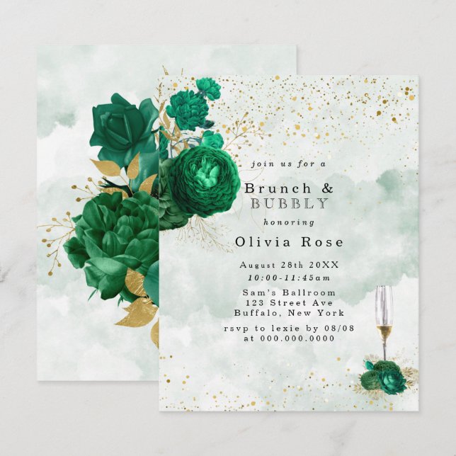 Invitation Emerald Green Peony Gold Brunch & Bubbly Invitatio (Devant / Derrière)