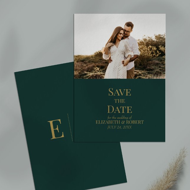 Invitation Emerald Green Photo personnalisée Enregistrer la c (Emerald Green Custom Photo Save the Date Card on a table.)