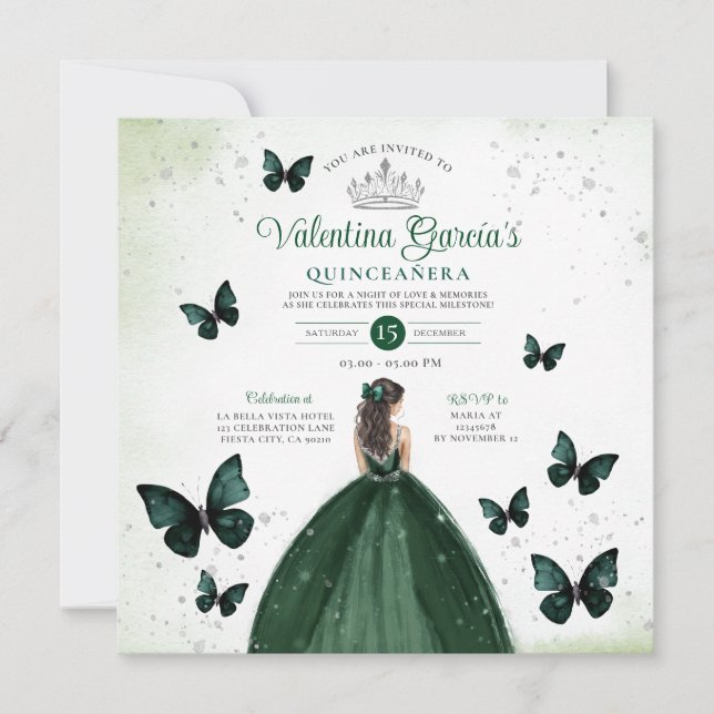Invitation Emerald Green Quinceañera 15 Anos Fleurs Argent (Devant)