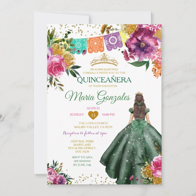Invitation Emerald Green Quinceañera mexicain 16e papillon (Devant)