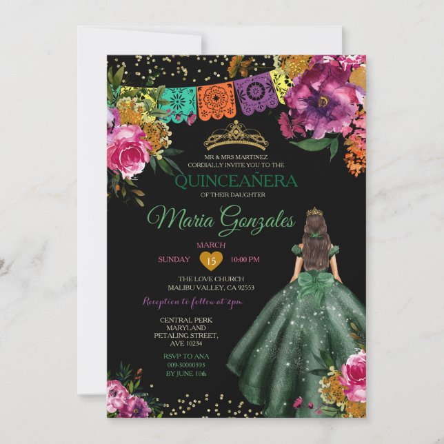 Invitation Emerald Green Quinceañera mexicain 16e papillon (Devant)
