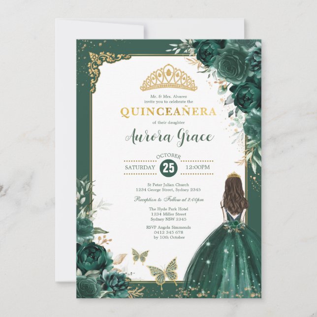 Invitation Emerald Green Quinceañera Princess 15e anniversair (Devant)