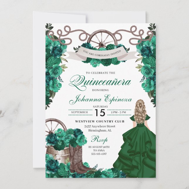 Invitation Emerald Green Ranchero Quinceanera (Devant)