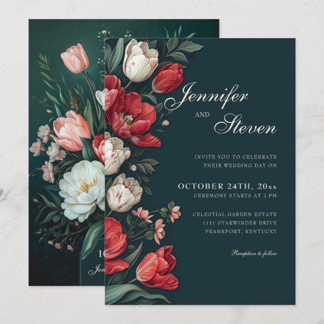 Invitation Emerald Green & Red Tulip Mariage botanique (Devant / Derrière)