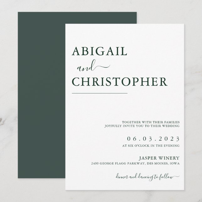 Invitation Emerald Green Romantic Simple Mariage (Devant / Derrière)