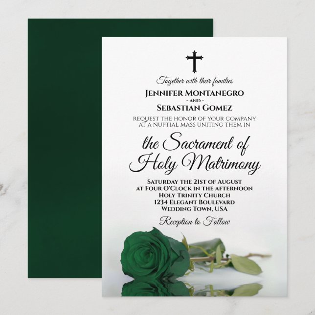 Invitation Emerald Green Rose Élégant Mariage catholique mode (Devant / Derrière)