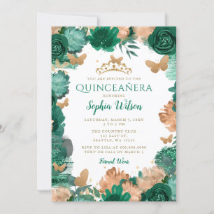 Invitation Emerald Green Rose Gold Butterflies Quinceañera