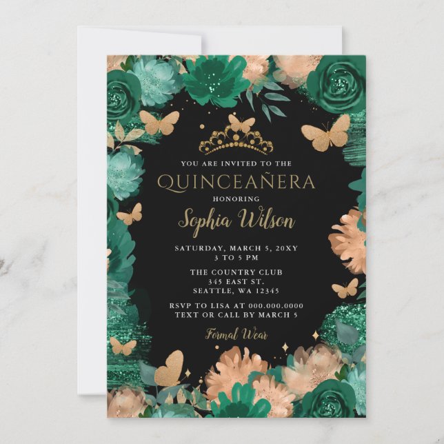Invitation Emerald Green Rose Gold Butterflies Quinceañera (Devant)