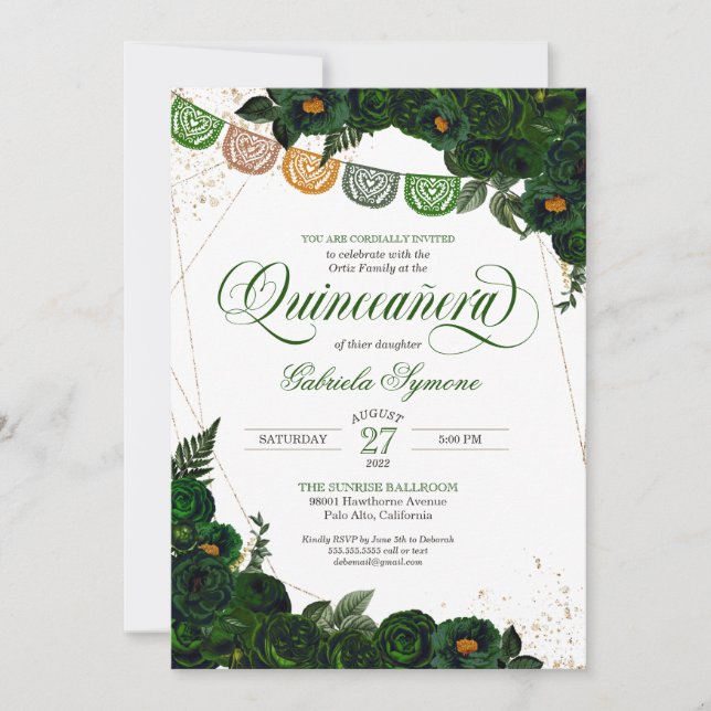 Invitation Emerald Green Rose & Gold Papel Picado Quinceañera (Devant)