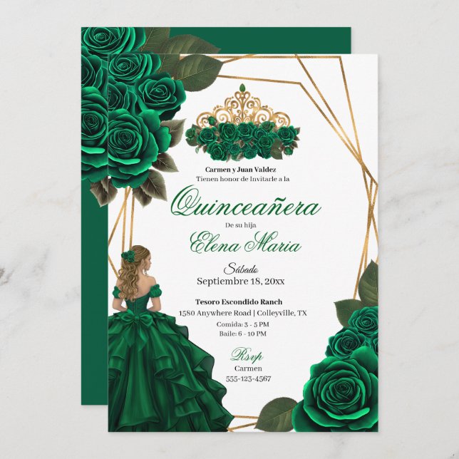 Invitation Emerald Green Rose Gold Quinceañera (Devant / Derrière)