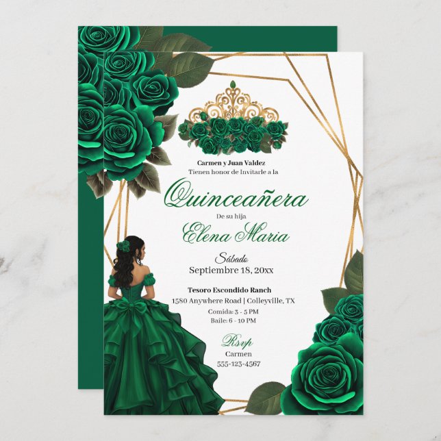 Invitation Emerald Green Rose Gold Quinceañera (Devant / Derrière)