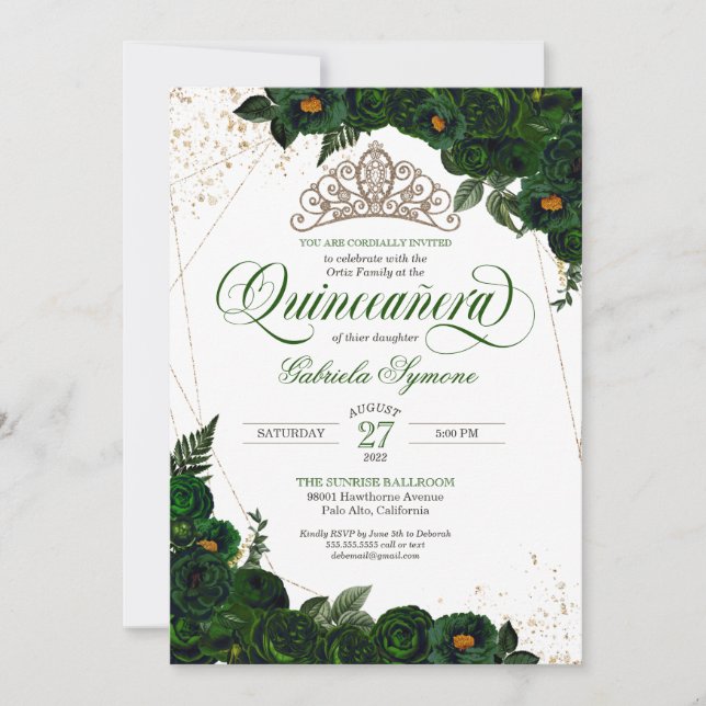 Invitation Emerald Green Rose Gold Tiara Elegant Quinceañera (Devant)