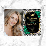 Invitation Emerald Green Roses Black Gold Photo 50e anniversa<br><div class="desc">Elégante invitation au 50e anniversaire fleurie féminine avec votre photo. Noir blanc et vert émeraude design avec faux or parties scintillant. Caractéristiques noir & blanc damask motif, saphir rose, script police et confetti. Parfait pour une fête anniversaire adulte élégante. Personnalisez avec vos propres détails. Peut être customisé pour n'importe quel...</div>