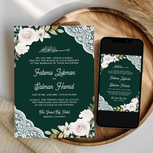 Invitation Emerald Green Roses Blanches dentelle Mariage musu (Créateur téléchargé)