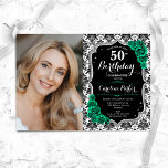 Invitation Emerald Green Roses Damask Photo 50th Birthday<br><div class="desc">Elégante invitation au 50e anniversaire fleurie féminine avec votre photo. Design blanc noir glam avec faux parties scintillant argent. Caractéristiques noir et blanc damas motif, vert émeraude roses, police de script et confetti. Parfait pour une fête anniversaire adulte élégante. Personnalisez avec vos propres détails. Peut être customisé pour n'importe quel...</div>