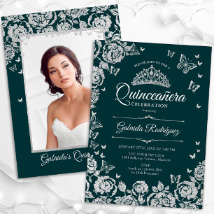 Invitation Emerald Green Roses d'argent Quinceanera Photo