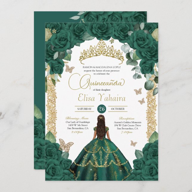 Invitation Emerald Green Roses & Gold Butterfly Quinceanera (Devant / Derrière)