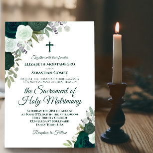 Invitation Emerald Green Roses Mariage catholique moderne