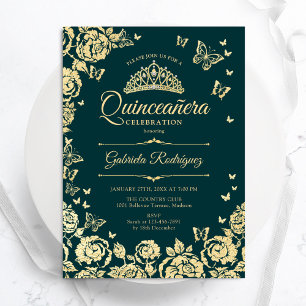 Invitation Emerald Green Roses papillons Quinceanera