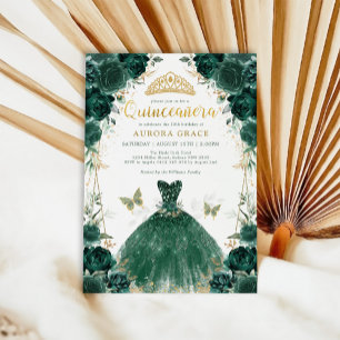 Invitation Emerald Green Roses Quinceañera Princess Dress Inv