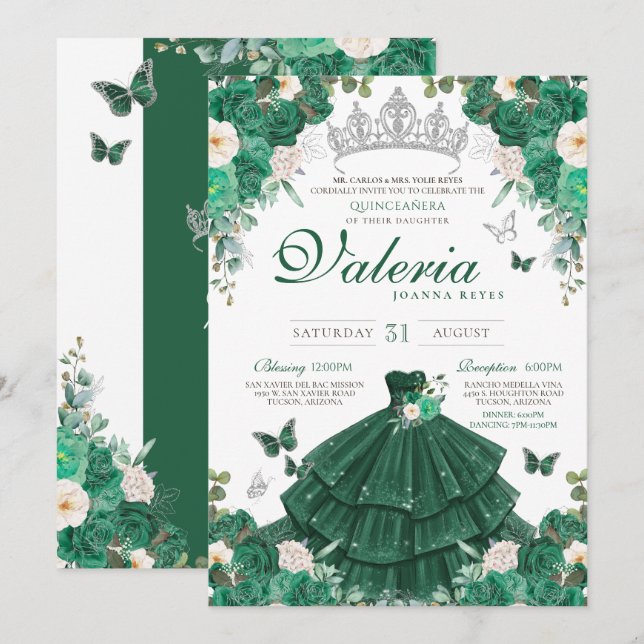 Invitation Emerald Green Roses & Silver Butterfly Quinceanera (Devant / Derrière)
