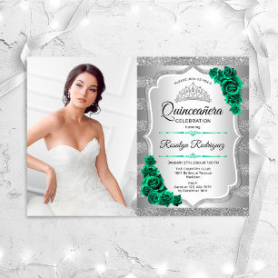 Invitation Emerald Green Roses Silver Photo Quinceanera
