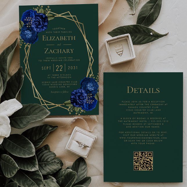 Invitation Emerald Green Royal Blue Floral Code QR Mariage (Créateur téléchargé)
