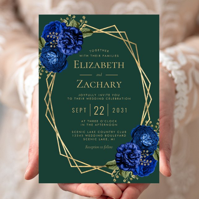 Invitation Emerald Green Royal Blue Floral Mariage or (Créateur téléchargé)