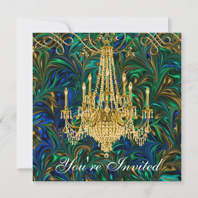 Invitation Emerald Green Royal Blue Gold Chandelier Party (Devant)