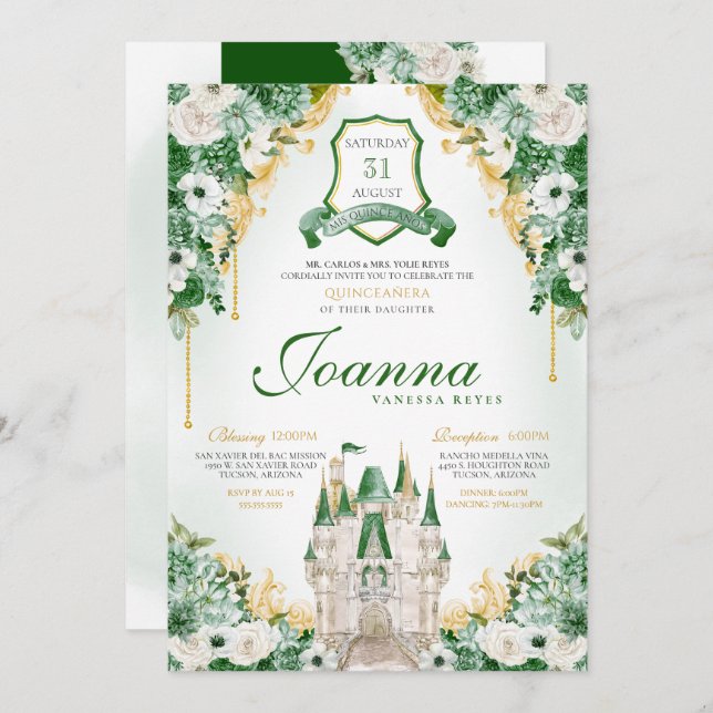 Invitation Emerald Green Royal Castle Princess Quinceanera (Devant / Derrière)