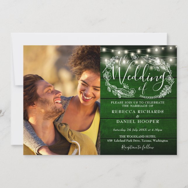 Invitation Emerald Green Rustic 2 Photo String Mariage (Devant)