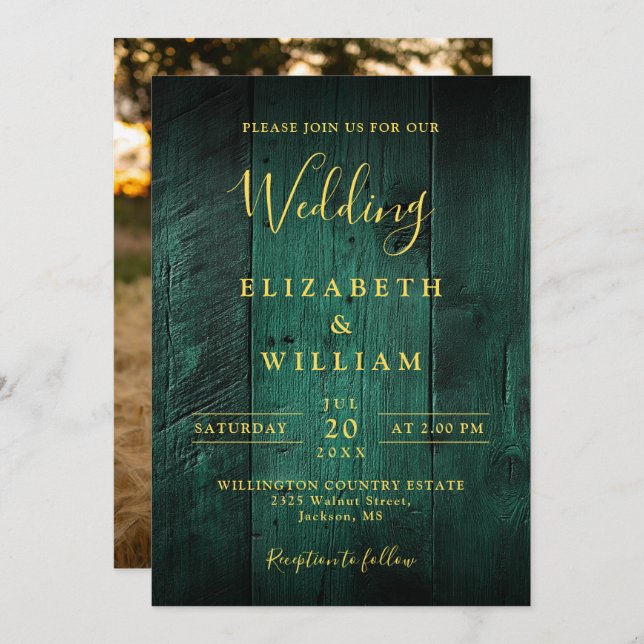 Invitation Emerald Green Rustic Boho Barn Wood Mariage photo (Devant / Derrière)