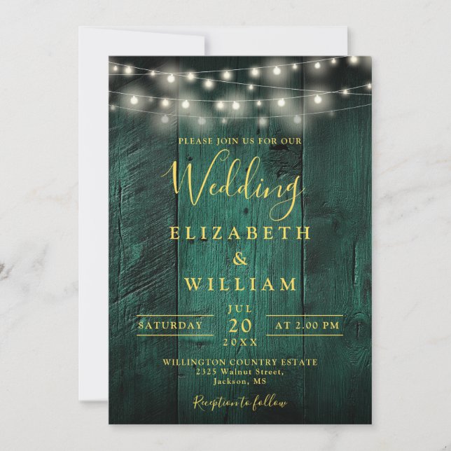 Invitation Emerald Green Rustic Bois Chaîne Mariage (Devant)