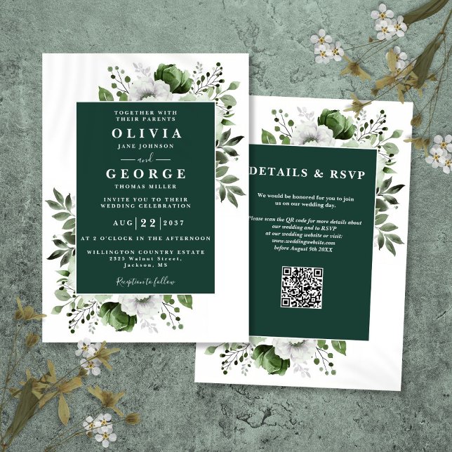 Invitation Emerald Green Rustic Floral Code QR Mariage (Emerald Green Rustic Floral QR Code Wedding Invitation)