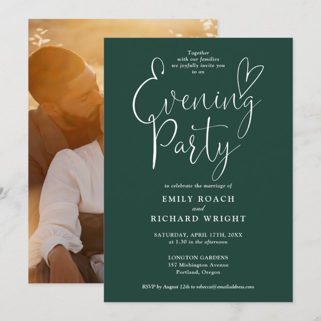 Invitation Emerald Green Script Photo Mariage soirée (Devant / Derrière)