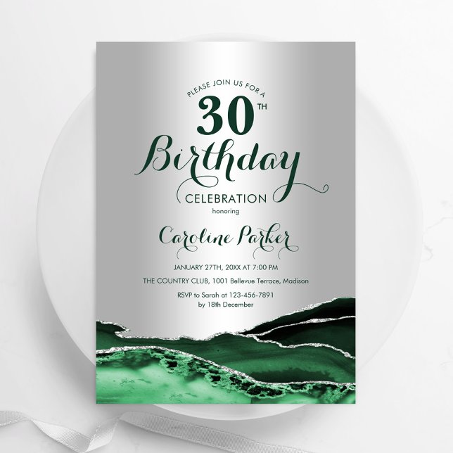 Invitation Emerald Green Silver Agate 30th Birthday Party (Créateur téléchargé)