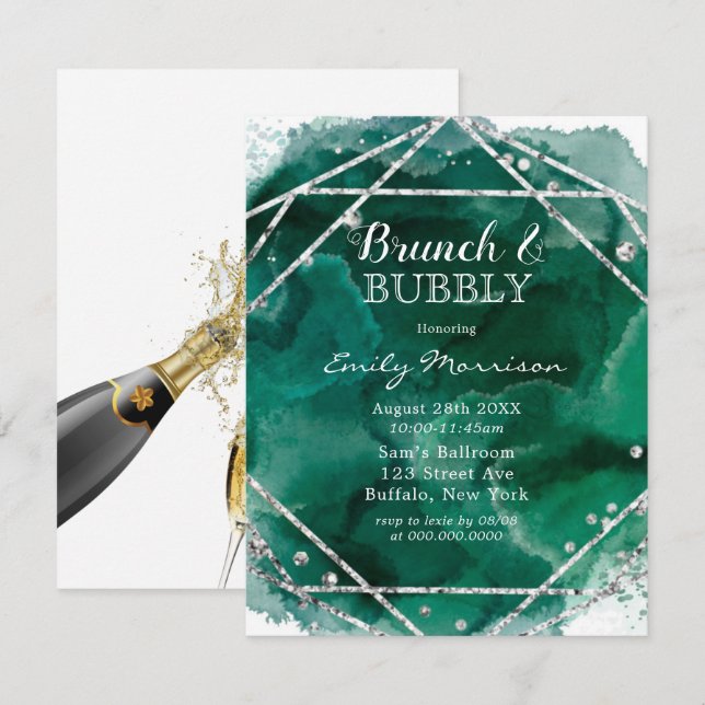 Invitation Emerald Green Silver Brunch géométrique & Bubbly (Devant / Derrière)