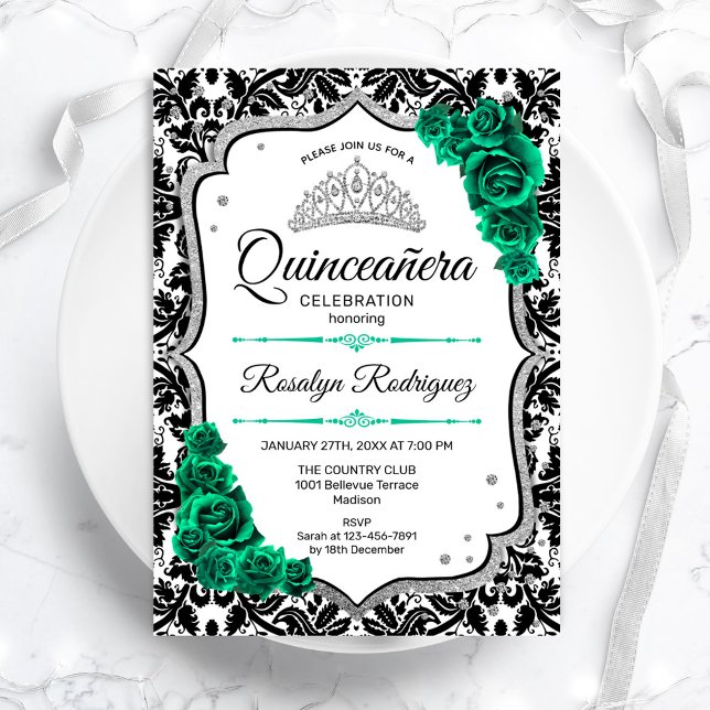 Invitation Emerald Green Silver Elegant Damask Quinceanera (Créateur téléchargé)