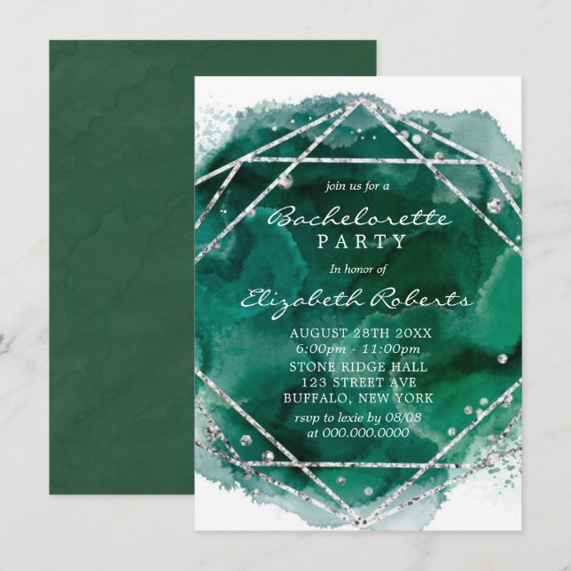 Invitation Emerald Green Silver Fête de Bachelorette géométri (Devant / Derrière)