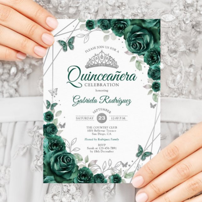 Invitation Emerald Green Silver Floral Quinceanera (Créateur téléchargé)