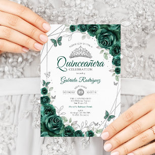Invitation Emerald Green Silver Floral Quinceanera
