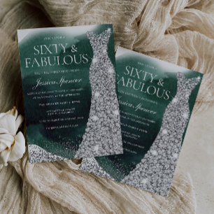 Invitation Emerald Green & Silver Gown 60th Birthday Party