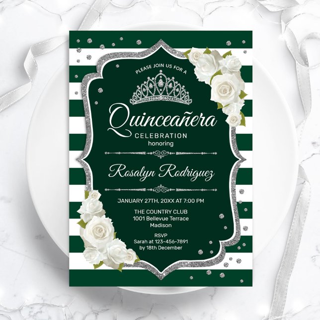 Invitation Emerald Green Silver White Elegant Quinceanera (Créateur téléchargé)