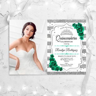 Invitation Emerald Green Silver White Photo Quinceanera