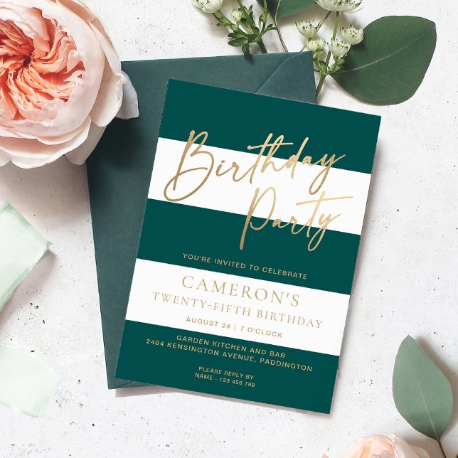 Invitation Emerald Green Stripe Gold Anniversaire (Emerald Green Stripe Birthday Invitation )