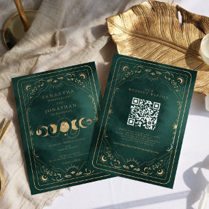 Invitation Emerald Green Tarot Celestial QR Code Mariage