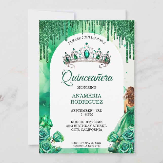 Invitation Emerald Green Tiara Quinceañera Arch Rose Floral (Devant)