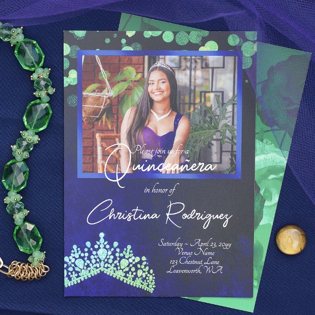 Invitation Emerald Green Tiara, Sapphire Blue Quinceanera (Sapphire blue, emerald green tiara crown quinceanera invitations, elegant royal blue and green)