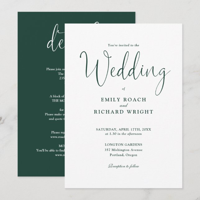Invitation Emerald Green Tout en un élégant Mariage de script (Devant / Derrière)